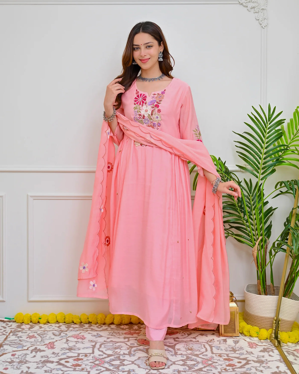 Blush Garden Mul Chanderi A Line Threadwork Suit Estimated Delivery Time 3 - 5 Days.